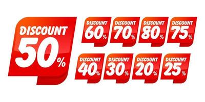 Discount red promotion sticker badge set. Sale Marketing promotional material with different price cut percent, best offer label vector illustration isolated on white background