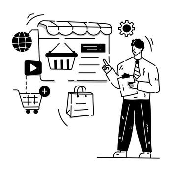 Person monitoring data chart with magnifier, hand drawn illustration of digital testing vector