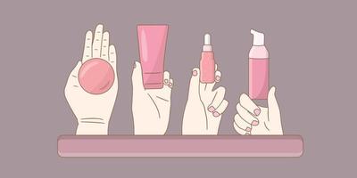 Four hands holding four types of skincare vector