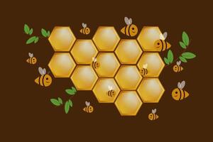Working bees on honey cells isolated on dark background. Vector illustration