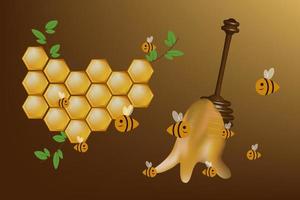 Working bees on honey cells isolated on dark background. Vector illustration