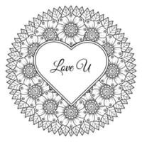 Mehndi flower with frame in shape of heart. decoration in ethnic oriental, doodle ornament. vector