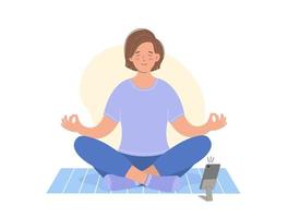 Young woman is sitting in lotus position and meditating. Concept of online learning. View online classes on your phone. vector