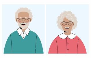 Set of illustrations  elderly woman and elderly man with glasses. Great for avatars.