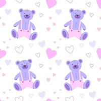 Seamless pink-purple pattern hearts and  teddy bear on white background. vector