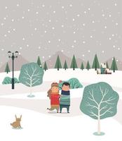lovers couple in snowscape vector