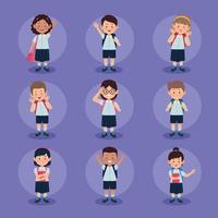 nueve pequeños estudiantes niños vector