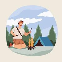 male traveler with campfire scene vector