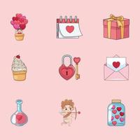 nueve iconos del día de san valentín vector