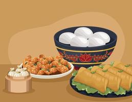 four chinese food dishes scene vector