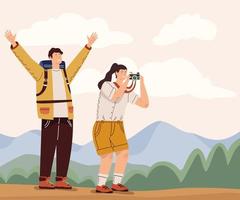 couple travelers with camera vector