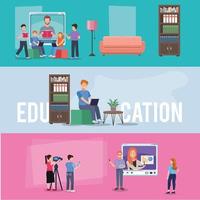 educación en línea tres escenas vector