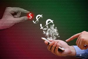 Businessman using smart phone with payment transfer on network, and binary background, financial technology FinTech concept. photo