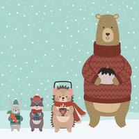 animals wearing winter clothes scene