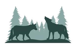 lobos en siluetas de paisaje vector