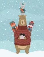 animals wearing winter clothes snowscape