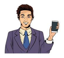 businessman with smartphone pop art vector