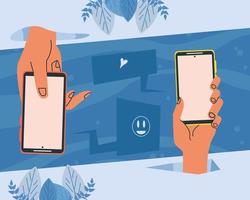 hands with smartphones devices vector