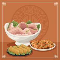 escena de tres platos de comida china vector