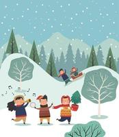 group of people in snowscape vector