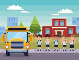 students in bus stop vector