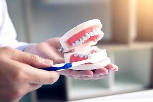 Los dentistas de mano de cerca están demostrando cómo cepillarse los dientes correctamente.
