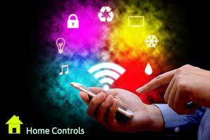 Man using smart phone or remote home control online home automation system. photo