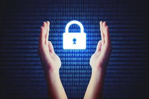 Cyber security concept, human hand protecting lock icon with binary background. photo