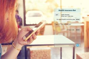 Woman chatting with automatic bot on smartphone and talking about consulting health insurance. photo