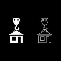 Crane hook lifts home Holds roof house icon outline set white color vector illustration flat style image