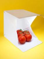 el fotógrafo está fotografiando tomates en el cubo de luz sobre fondo amarillo. luz, trabajo, hobby, concepto de fotógrafo foto