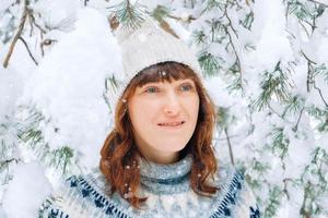 Winter portrait of a woman in a warm hat and sweater on a background of snowy forest photo