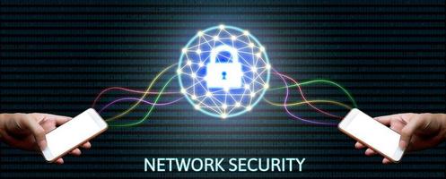 Cyber security network concept, man holding smartphone with lock networking and binary background. photo