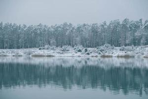 Snowy forest and shore near the lake. Light frosty haze over water from cold photo