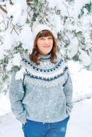 Beautiful woman in a warm hat and sweater on a background of snowy forest photo