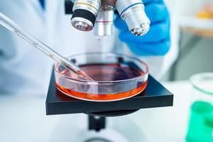 Asian scientist biochemist or microbiologist working research with a microscope in laboratory. For protect outbreak Coronavirus Covid19, bacteria and germs. photo