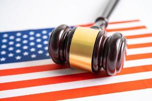 USA America flag with gavel for judge lawyer. Law and justice court concept. photo