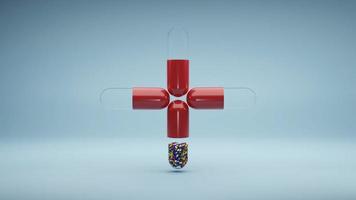 Medicine capsules levitate as red plus sign 3D render illustration photo