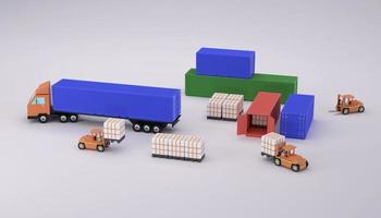 Forklift loading cargo pallet into truck 3D render illustration photo