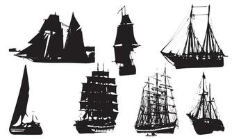 Hand drawn vector set of vintage sailing ships in the sea black and white background