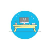 Monitor Computer on Desk Home Workspace Vector Illustration. Object Design. Interior Element. Flat Cartoon Style Suitable for Icon, Web Landing Page, Banner, Sticker, Card, Clip-art