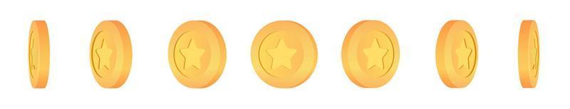 Gold 3d coin turn around different position set. Coins with the image of the star. Set of golden coins with star symbol. vector