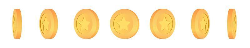 Gold 3d coin turn around different position set. Coins with the image of the star. Set of golden coins with star symbol. vector