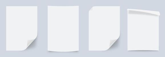 Vector collection of realistic folded empty paper pages. Glued paper wrinkled effect, vector realistic background. Vector white vertical paper corner rolled up.