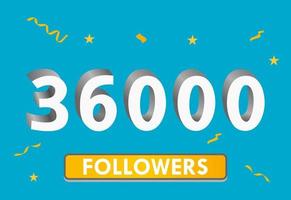 Illustration 3d numbers for social media 36k likes thanks, celebrating subscribers fans. Banner with 36000 followers vector