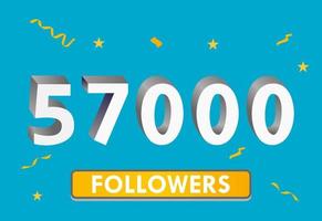 Illustration 3d numbers for social media 57k likes thanks, celebrating subscribers fans. Banner with 57000 followers vector