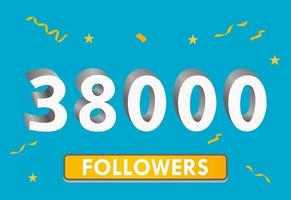 Illustration 3d numbers for social media 38k likes thanks, celebrating subscribers fans. Banner with 38000 followers vector