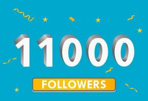 ilustración Números 3d para redes sociales 11k me gusta gracias, celebrando a los fans de los suscriptores. banner con 11000 seguidores vector