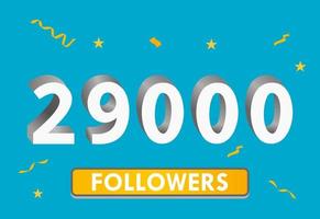 ilustración Números 3d para redes sociales 29k me gusta gracias, celebrando a los fans de los suscriptores. banner con 29000 seguidores vector