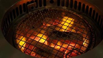 fuego en la estufa de barbacoa de carbón para asar alimentos con campana de humo. video